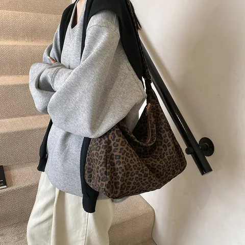 Women Leopard Print Large Capacity Tote Bag Canvas Shoulder Bag With Adjustable Strap Korean Style Casual Hobo Bag