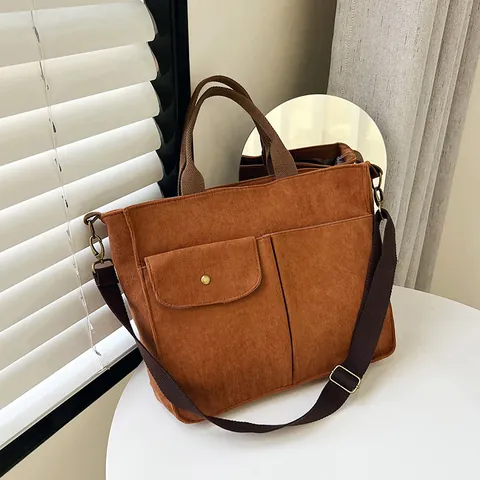 Women Corduroy Tote Bag Multi-Pocket Large Capacity Adjustable Strap Casual Shoulder Crossbody Bag For Students Office