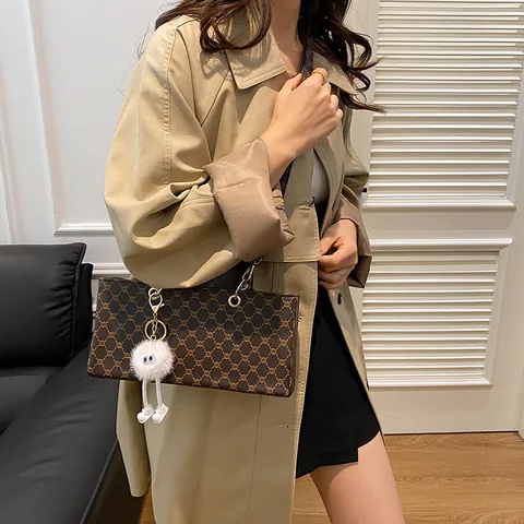 Women Vintage Monogram Shoulder Bag PU Leather Small Square Crossbody Bag With Plush Monster Pendant Chain Strap