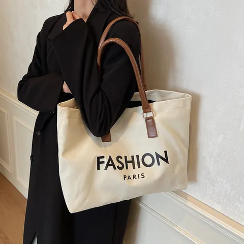 Bolso Tote de Lona con Estampado de Letras para Mujer Gran Capacidad Bolso de Hombro Casual Estilo París