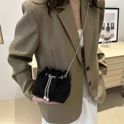 Borsa a Secchiello con Strass da Donna Mini Borsa a Tracolla Trendy con Coulisse a Perla Artificial Borsa a Mano Scintillante per Feste