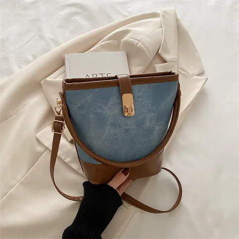Retro PU Leather Bucket Bag Women Large Capacity Contrast Color Shoulder Crossbody Bag With Metal Lock Casual Handbag Jewelry