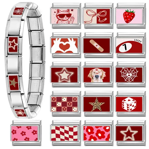 Maglie per Bracciale Charm Italiano in Acciaio Inossidabile Serie Rossa Rosa Modulare Fai-da-Te Charms Donna Gatto Fragola Cuore