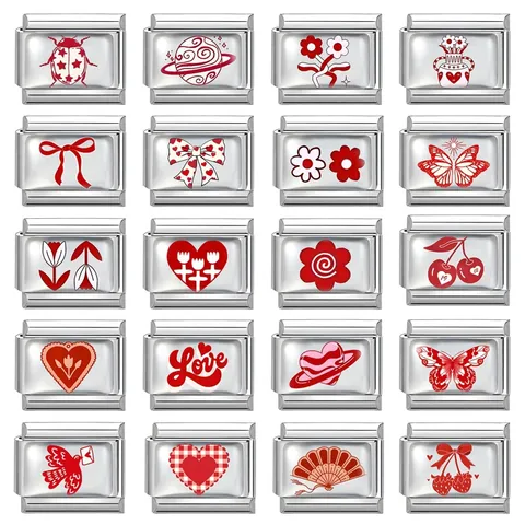 Link per Bracciale Italian Charm in Acciaio Inossidabile Smalto Rosso Cuore Coccinella Farfalla Fiore Accessori per Gioielli Bracciale Modulare DIY per Donna