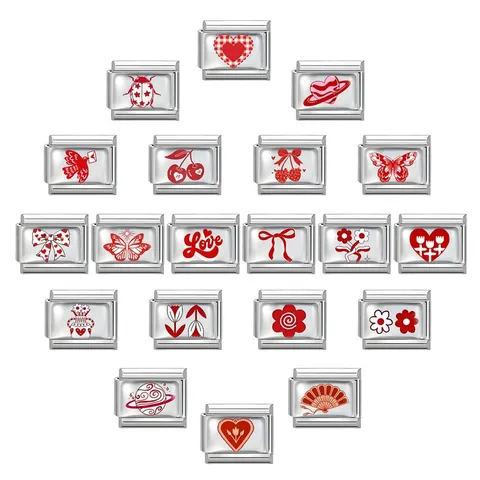 Link per Bracciale Italian Charm in Acciaio Inossidabile Smalto Rosso Cuore Coccinella Farfalla Fiore Accessori per Gioielli Bracciale Modulare DIY per Donna