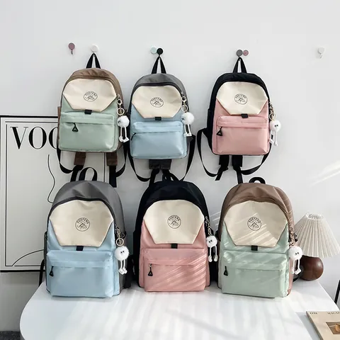 Casual Nylon Backpack College School Bookbag Color Block Travel Daypack With Cute Plush Pendant For Women Girls