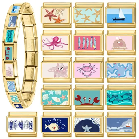 Eslabones Modulares Pulsera Charm Italiano de Acero Inoxidable Oro Océano Concha Pulpo Estrella de Mar DIY Joyería