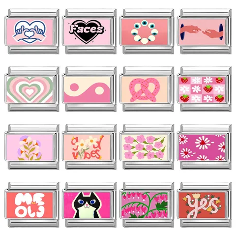 Maglie Charm Italiane in Acciaio Inossidabile Modulari Rosa Cuore Gatto Fiore Lettera DIY Creazione Gioielli per Bracciale Donna Ragazza Accessorio