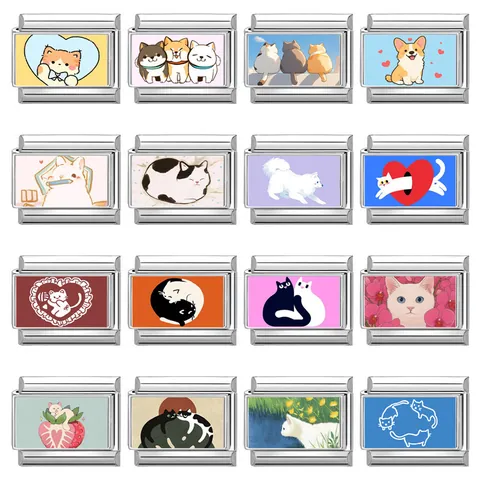 Stainless Steel Italian Charm Links For DIY Bracelet Making Cute Cartoon Cat Dog Pet Pattern Modular Jewelry Parts Women