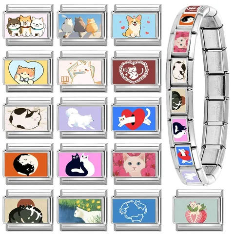 Stainless Steel Italian Charm Links For DIY Bracelet Making Cute Cartoon Cat Dog Pet Pattern Modular Jewelry Parts Women