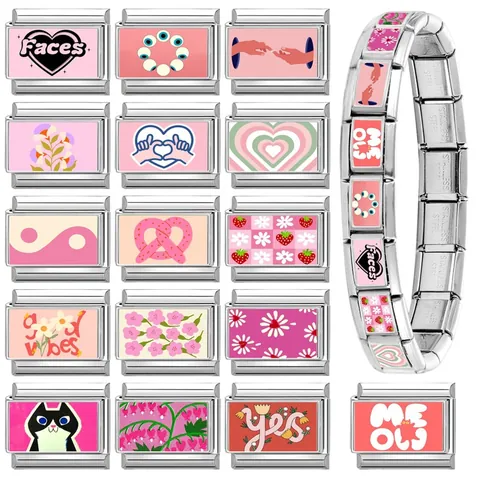 Maglie Charm Italiane in Acciaio Inossidabile Modulari Rosa Cuore Gatto Fiore Lettera DIY Creazione Gioielli per Bracciale Donna Ragazza Accessorio