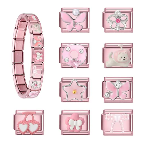Stainless Steel Pink Italian Charm DIY Modular Bracelet Links Enamel Butterfly Star Flower Heart Donut Jewelry For Women