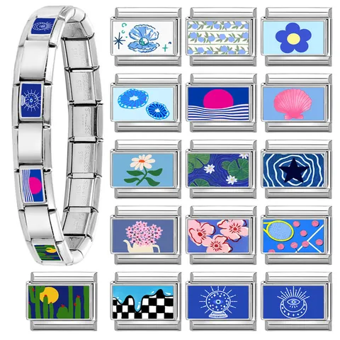 Stainless Steel Italian Charm Link For DIY Bracelet Modular Jewelry Link Accessory Floral Ocean Evil Eye Pattern Metal Charm