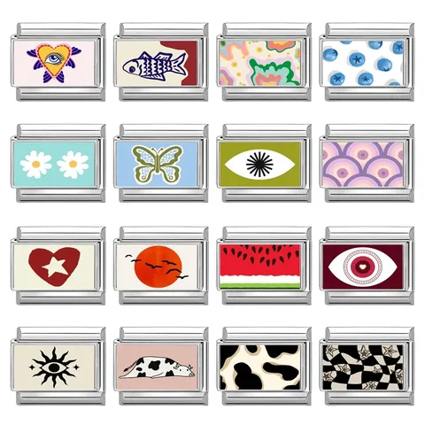DIY Italian Charm Bracelet Links Stainless Steel Enamel Modules Flower Evil Eye Heart Butterfly Jewelry Making Accessories
