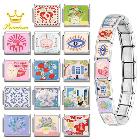 Maillons Italian Charm in Acciaio Inossidabile Per Braccialetti Modulari DIY Smalto Floreale Malocchio Gatto Accessori Gioielli Per Donna Ragazza Regalo Personalizzato