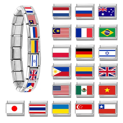 Stainless Steel Italian Charm Bracelet Link National Flag DIY Modular Jewelry Findings Australia USA UK France Germany