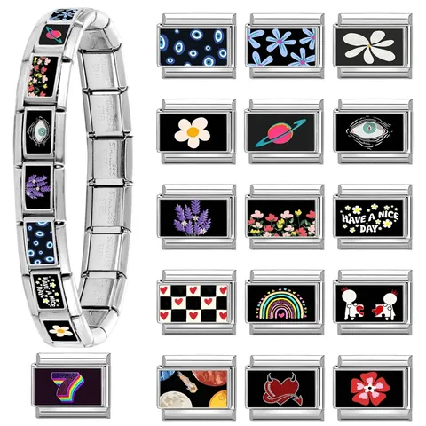 Stainless Steel Italian Charm Bracelet Links Evil Eye Heart Flower Planet Patterns Modular DIY Bracelet Findings Jewelry Making Accessories