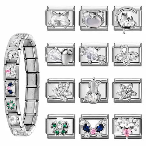 Eslabones de Pulsera de Dijes Italianos de Acero Inoxidable DIY Dijes Modulares Corazón Mariposa Gato Animal Componentes de Pulsera para Mujer Joyería