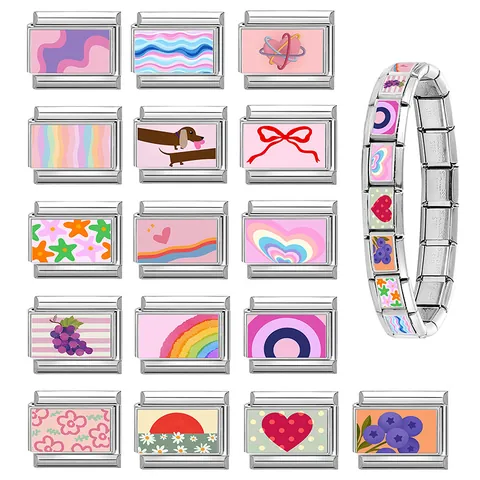 Edelstahl Italienische Charm Armband Links DIY Modulare Schmuck Für Damen Mädchen Herz Regenbogen Schleife Stern Blumen Muster