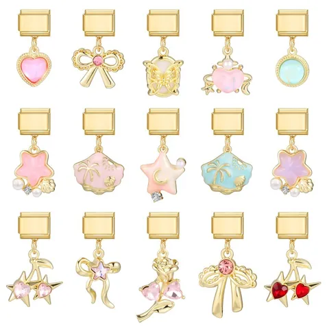 Goldlegierung Edelstahl Italienische Charm-Links Anhänger DIY Herz Stern Kirsche Schleife Blume Muschel Charms Für Modulare Armband Herstellung