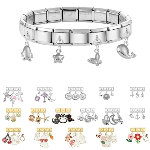 Stainless Steel Italian Charm Links Set For Modular Bracelet DIY Jewelry Making Enamel Rabbit Butterfly Flower Heart Pendants For Women Girls
