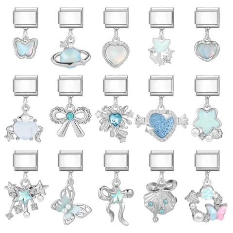 Stainless Steel Italian Charm Pendants DIY Modular Bracelet Links Heart Planet Butterfly Blue Rhinestone Jewelry For Women