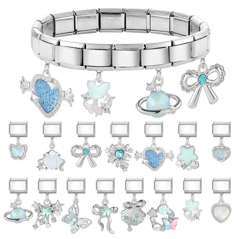 Stainless Steel Italian Charm Pendants DIY Modular Bracelet Links Heart Planet Butterfly Blue Rhinestone Jewelry For Women