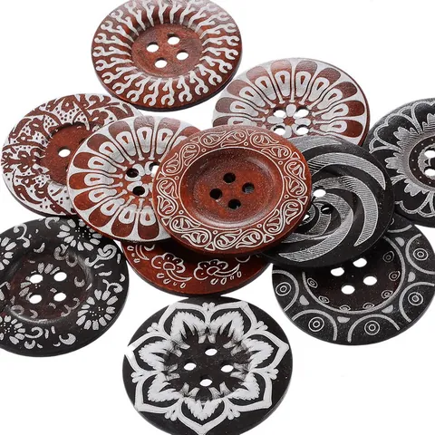 Botones de Madera Grabados con Láser Vintage Botones Decorativos Redondos de Cuatro Agujeros para Costura Artesanía Accesorios de Ropa Botones con Patrones Étnicos