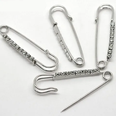 Retro Rhinestone Large Safety Pin Brooch Iron Metal Scarf Buckle Crystal Lapel Pin Fashion Jewelry For Women Silver