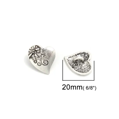 Vintage Zinc Alloy Heart Shaped Shank Buttons Floral Engraved Antique Silver Finish Decorative Metal Buttons For Coat DIY Sewing