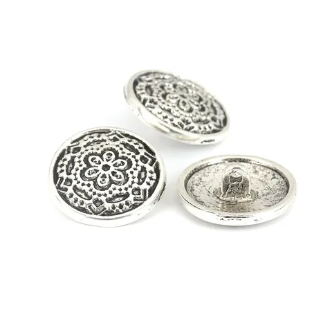 Vintage Round Zinc Alloy Flower Buttons Antique Silver Carved Mandala Shank Buttons For Coat Apparel Sewing DIY Accessories
