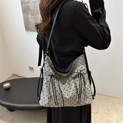 Damen Nylon Tragetasche Große Kapazität Multifunktions Rucksack Herz Punkt Muster Schleife Reißverschluss Dekor Lässige Schultertasche