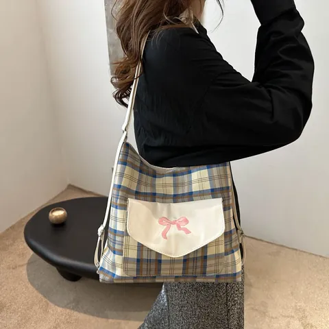 Women Large Capacity Plaid Tote Bag Nylon Shoulder Bag Sweet Bow Checkered Handbag Casual School Fashion Shopper Bag