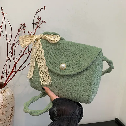 Women Straw Woven Shoulder Bag With Pearl Button And Lace Bow Summer Beach Crossbody Bag Forest Style Handwoven Purse