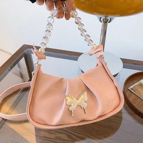 Women Ruched PU Leather Underarm Bag Butterfly Metal Decor Beaded Handle Pleated Shoulder Bag With Detachable Chain Strap