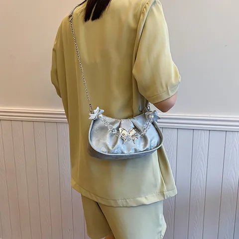 Women Ruched PU Leather Underarm Bag Butterfly Metal Decor Beaded Handle Pleated Shoulder Bag With Detachable Chain Strap