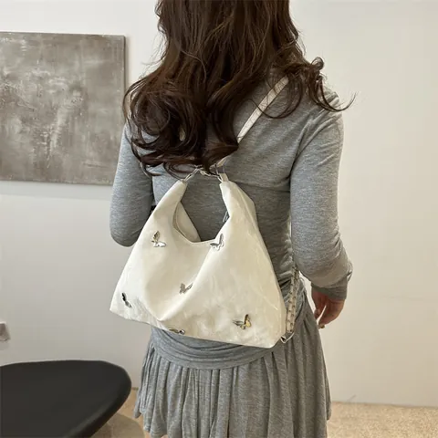 Women Large Capacity Butterfly Metallic Shoulder Bag Pleated PU Leather Y2K Hobo Tote Fashion Commuter Crossbody Bag Purse