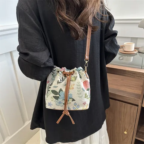 Vintage Ethno Jacquard Beuteltasche Damen Blumen Geometrische Kordelzug Umhängetasche Verstellbarer Lederriemen Schultertasche