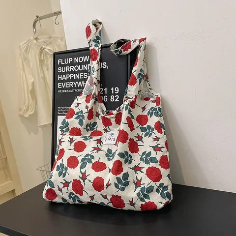 Damen Casual Blumendruck Segeltuch Tragetasche Große Kapazität Schultertasche Mit Buchstaben Patch Retro Koreanischer Stil
