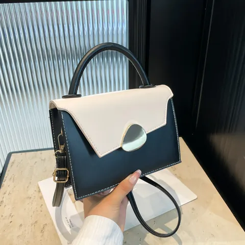 Women Contrast Color PU Leather Shoulder Bag Small Square Handbag With Metal Buckle Adjustable Strap Casual Crossbody Bag