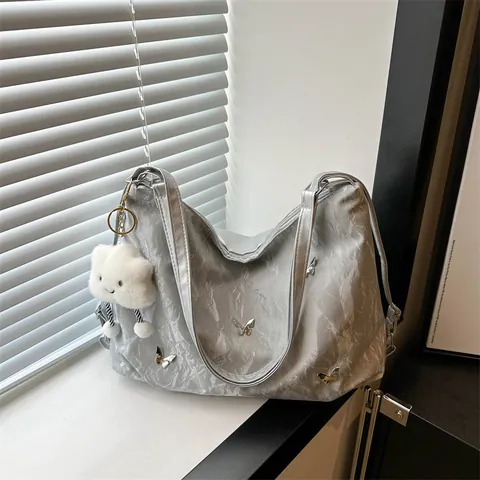 Women Fashion Metallic Ruched Tote Bag Butterfly Decor Large Capacity Shoulder Bag With Cute Cloud Pendant Handbag