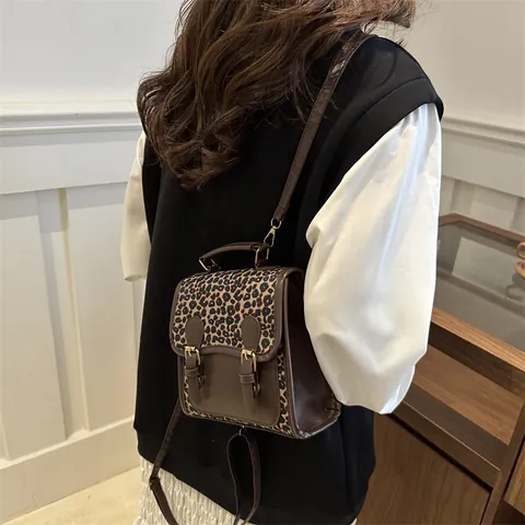 Women Vintage Leopard Print Patchwork Backpack PU Leather Large Capacity School Shoulder Bag Fashion Daily Travel Handbag