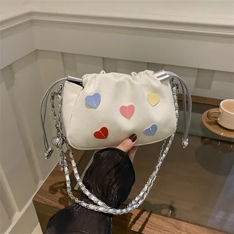 Women Denim Canvas Heart Patch Bucket Bag Chain Shoulder Crossbody Bag Drawstring Casual Small Handbag For Daily Party