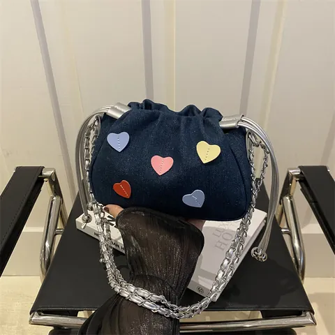 Women Denim Canvas Heart Patch Bucket Bag Chain Shoulder Crossbody Bag Drawstring Casual Small Handbag For Daily Party