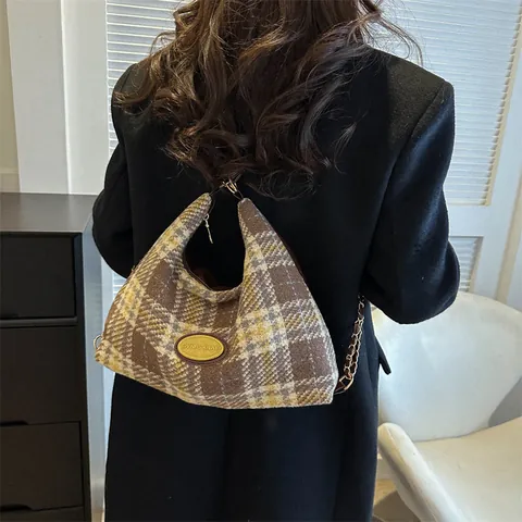 Sac Sous le Bras Vintage en Laine à Carreaux pour Femmes Sac Hobo Grande Capacité Avec Bandoulière Chaîne pour le Quotidien