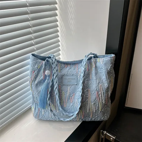 Borsa Tote in Tela Grande Capacità Donna Con Ricamo a Onde Nappina Manico Intrecciato Borsa a Spalla Casual Per Lavoro