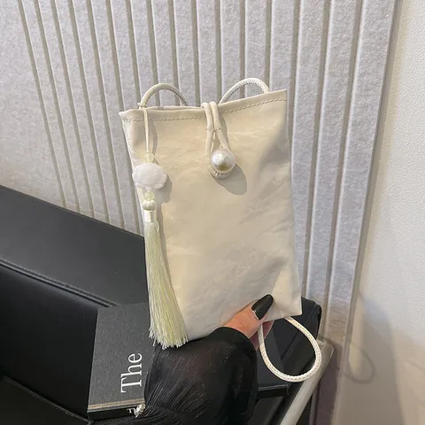 Damen Mini Handy-Umhängetasche Mit Künstliche Perlenschnalle Faltenstruktur Satin Quaste Kleine Schultertasche Für Den Alltag