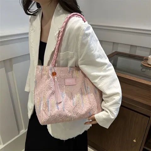 Borsa Tote in Tela Grande Capacità Donna Con Ricamo a Onde Nappina Manico Intrecciato Borsa a Spalla Casual Per Lavoro