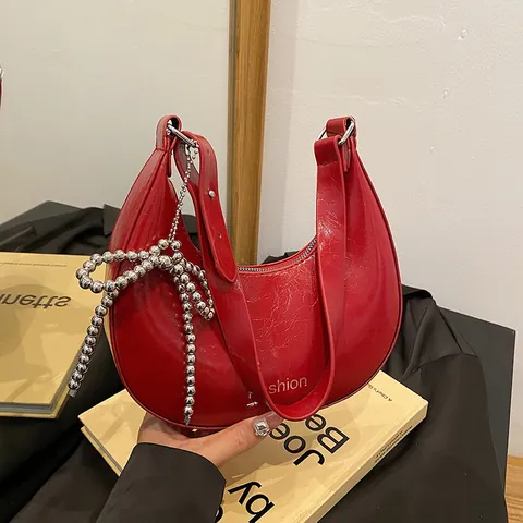 Women Fashion Glossy PU Leather Half Moon Hobo Bag Minimalist Beaded Bow Underarm Bag Solid Color Shoulder Bag Daily Purse