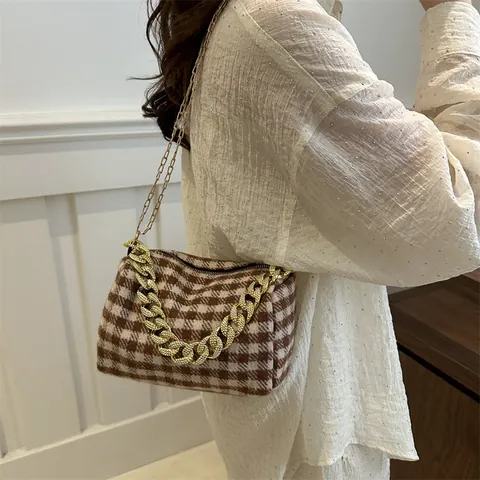 Borsa a Bauletto Donna Retro a Quadri Grande Capacità in Tela Borsa a Tracolla Elegante Borsa a Spalla Con Tracolla a Catena in Metallo